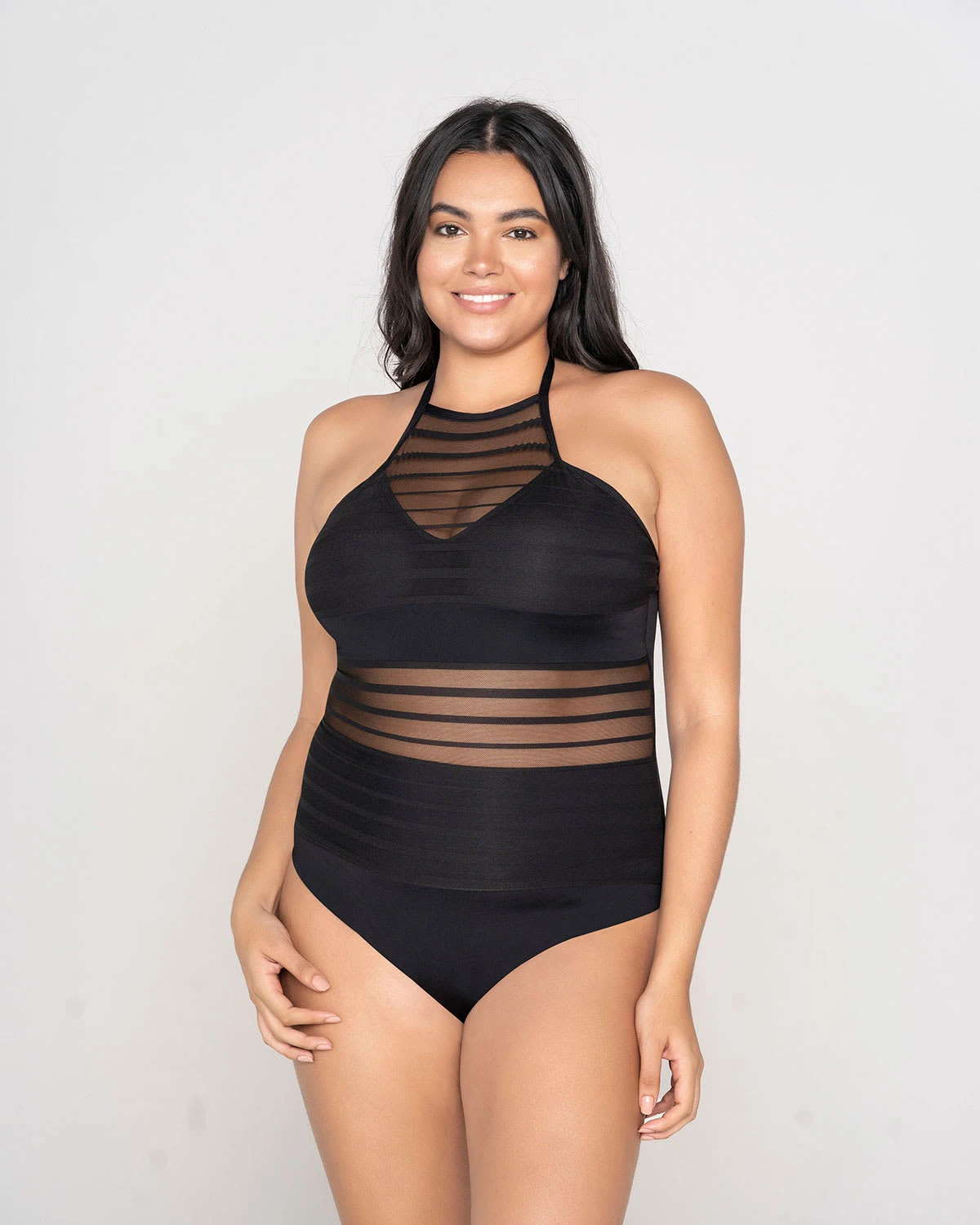 One-Piece Striped Mesh Overlay Slimming Swimsuit 4 One-Piece Striped Mesh Overlay Slimming Swimsuit - Image 4