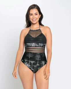 One-Piece Sheer Stripe High-Neck Slimming Swimsuit